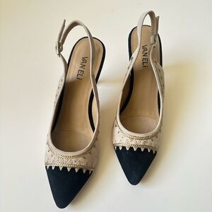 VANELi Suede Slingback Embroidered Elegant Pumps| Beige Black~10
